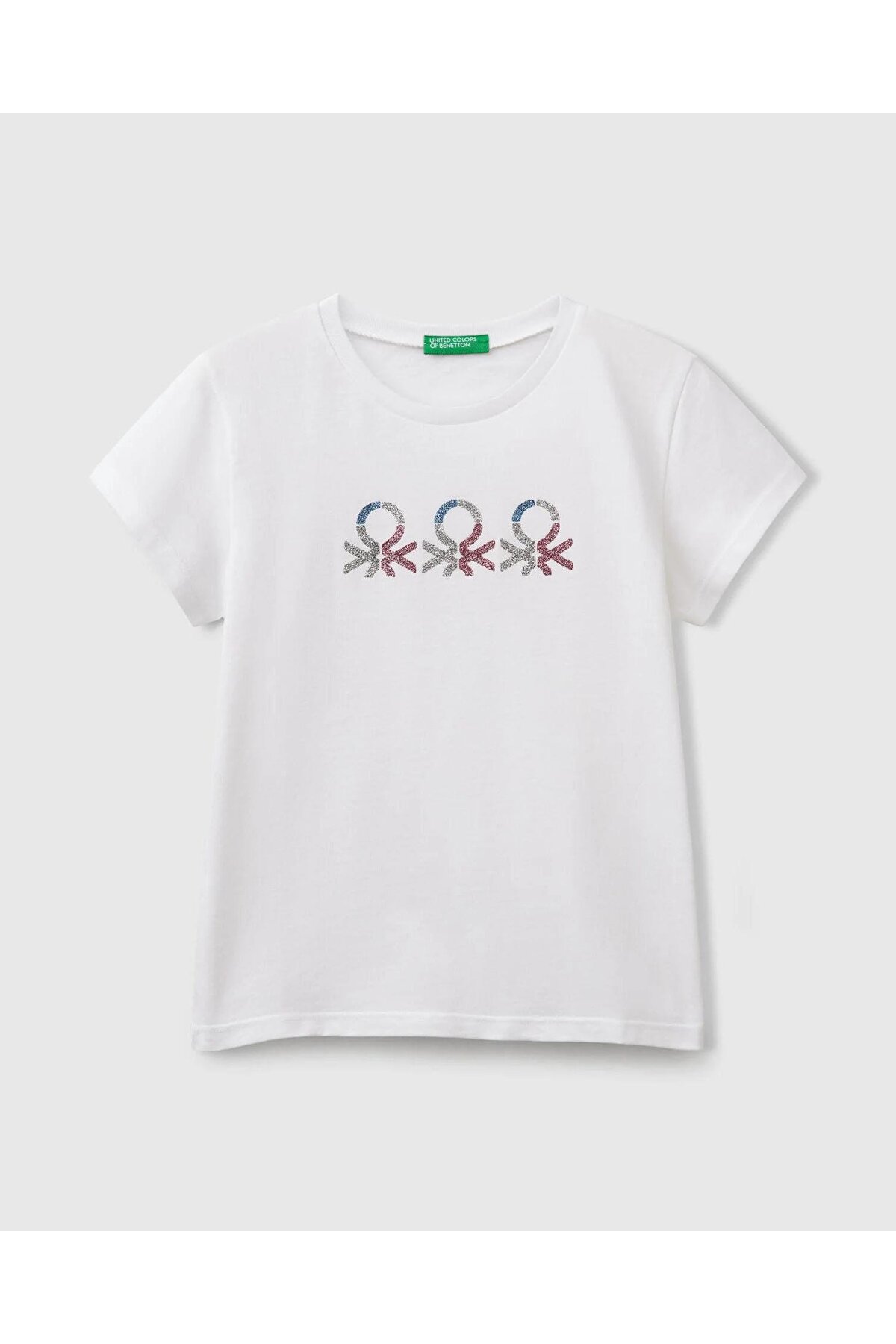 Kız Çocuk Beyaz Simli Logo Baskılı T-Shirt