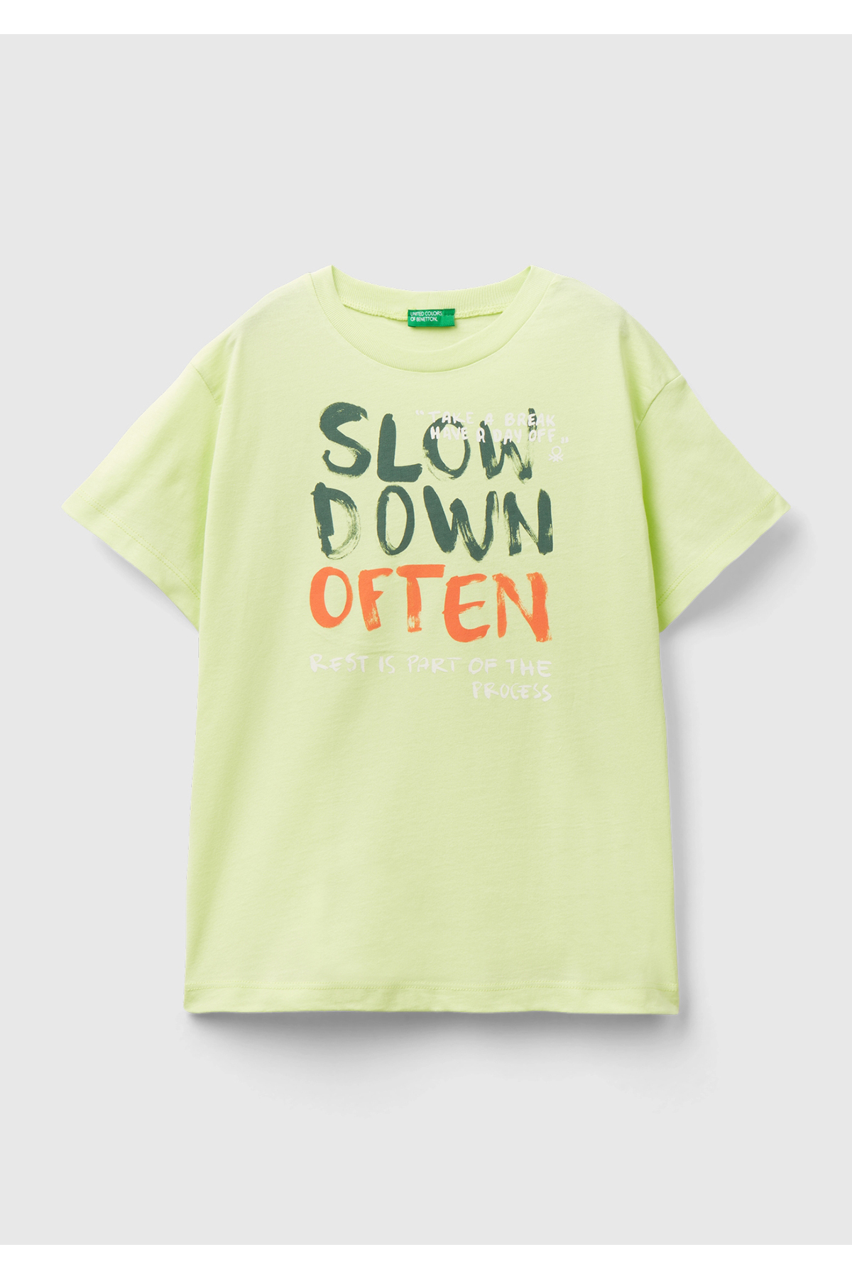 Erkek Çocuk Açık Yeşil Önü Geniş Baskılı Bisiklet Yaka T-Shirt