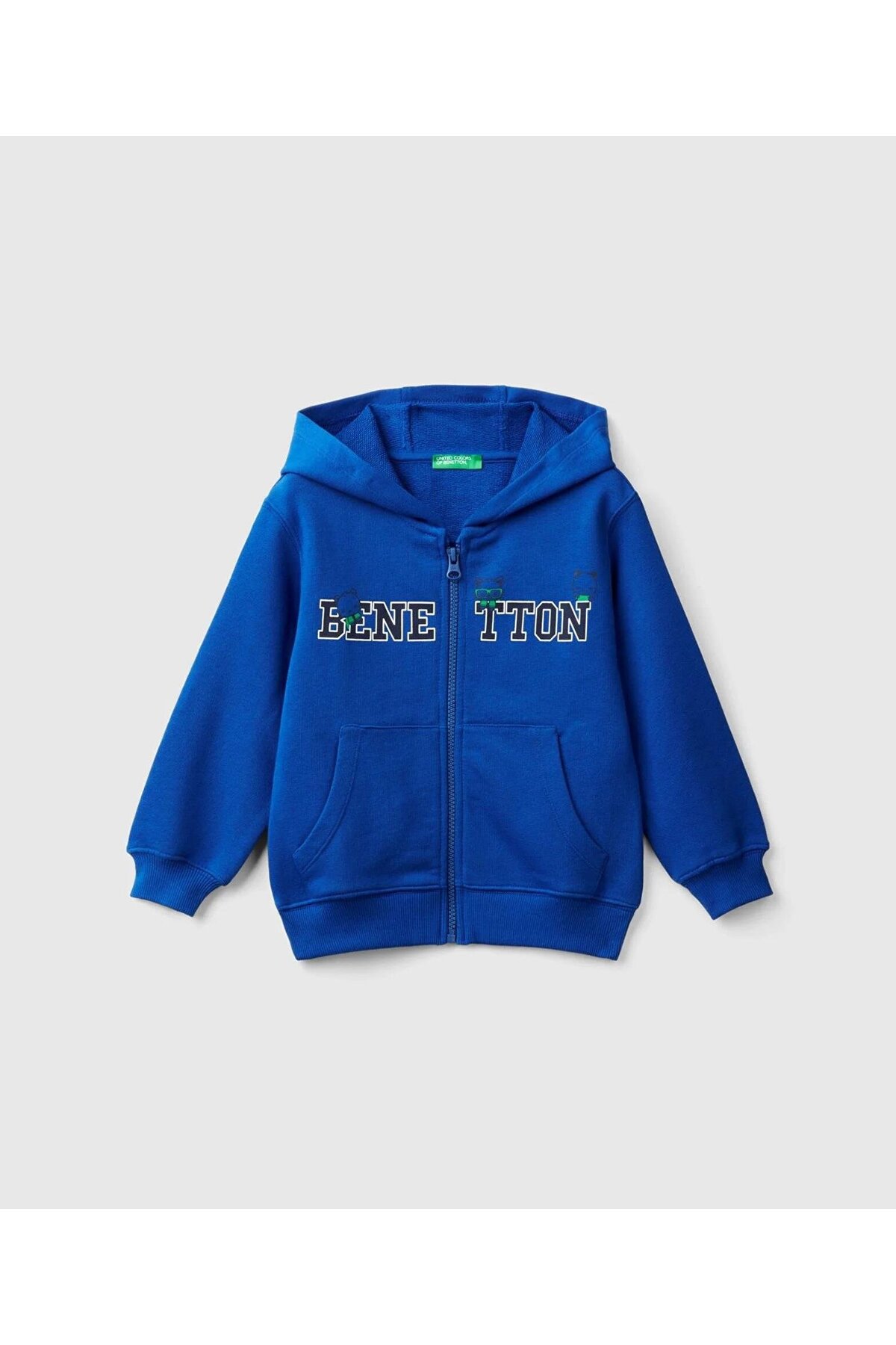 Erkek Çocuk Saks Mavi Logo Baskılı Kanguru Cepli Fermuarlı Kapüşonlu Sweatshirt