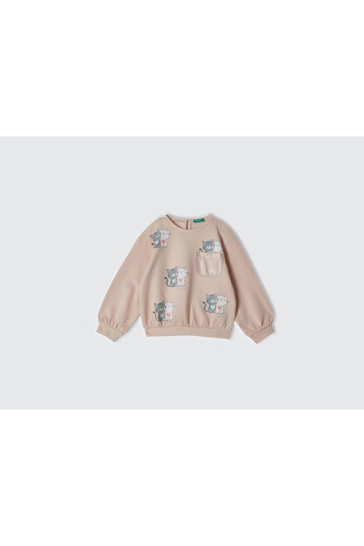 Kız Çocuk Toz Pembe Önü Baskılı Göğüs Cepli Arkası Damla Düşük Omuz Sweatshirt