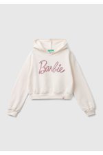 Kız Çocuk Ekru Etek Ucu Logolu Barbie Baskılı Kapüşonlu Kısa Sweatshirt