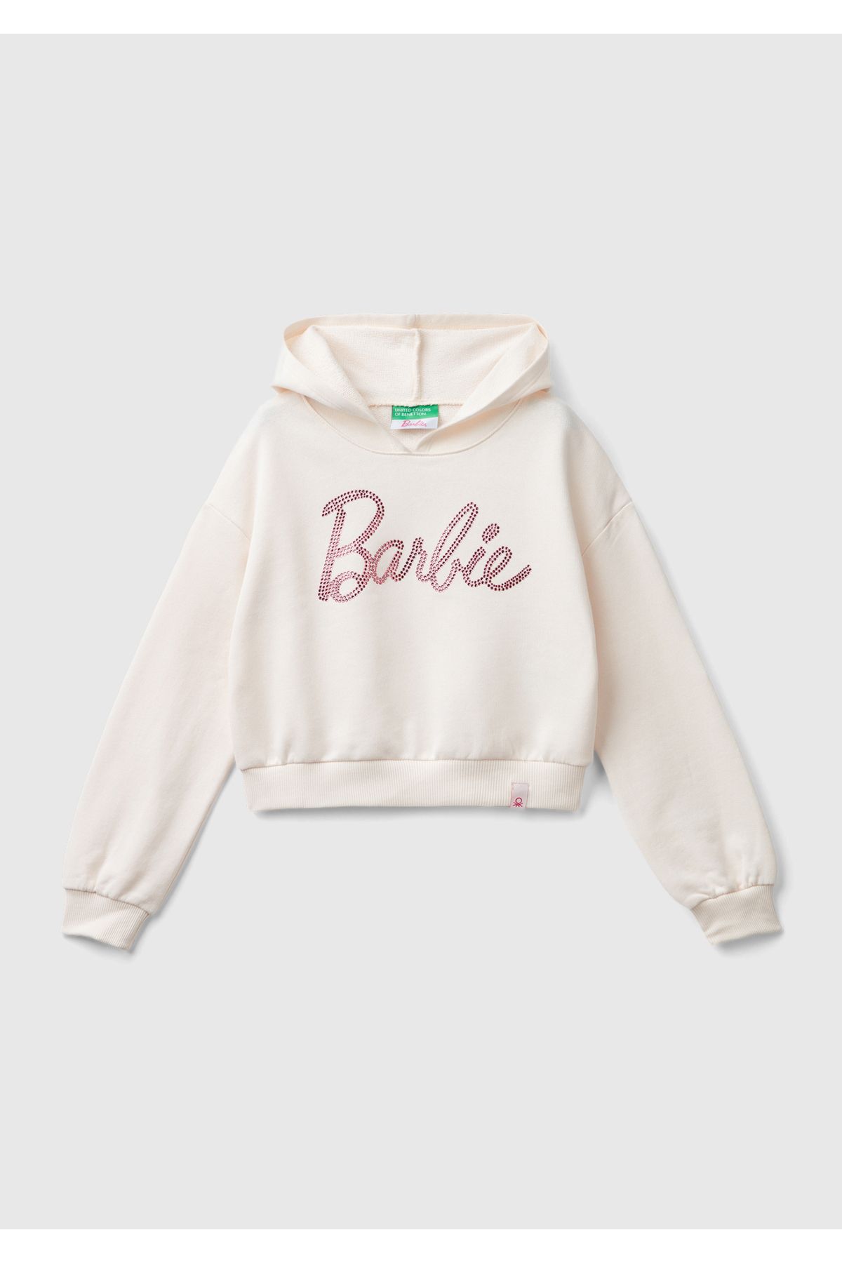 Kız Çocuk Ekru Etek Ucu Logolu Barbie Baskılı Kapüşonlu Kısa Sweatshirt