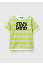 Erkek Çocuk Mavi-Yeşil Önü Baskılı Arkası Logo İşlemeli Yatay Çizgili T-Shirt
