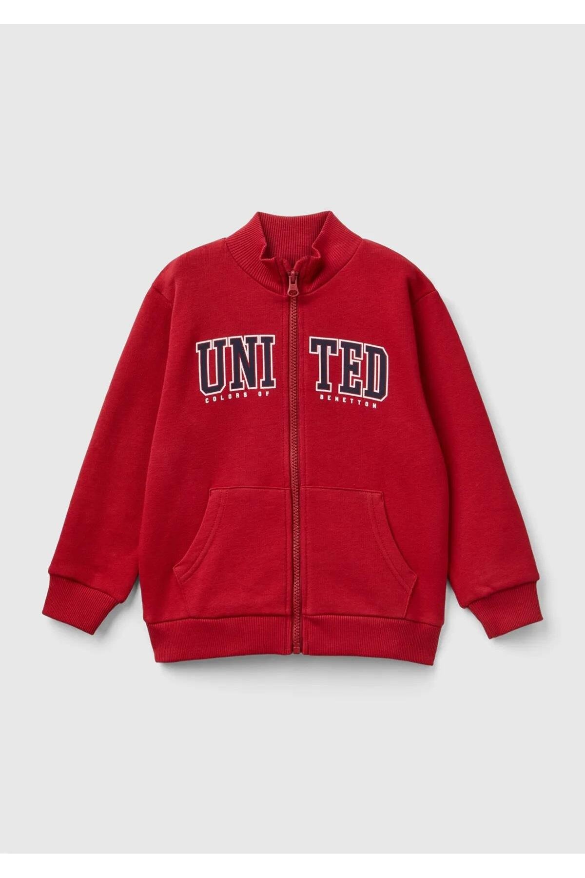 Erkek Çocuk Kırmızı Logo Baskılı Cepli Fermuarlı Kapüşonlu Dik Yaka Sweats