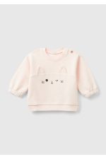 Bebek Toz Pembe Önü Kulak Detaylı Omzu Düğmeli Bisiklet Yaka Sweatshirt