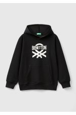 Erkek Çocuk Siyah Önü Logo Baskılı Ribanalı Kapüşonlu Sweatshirt