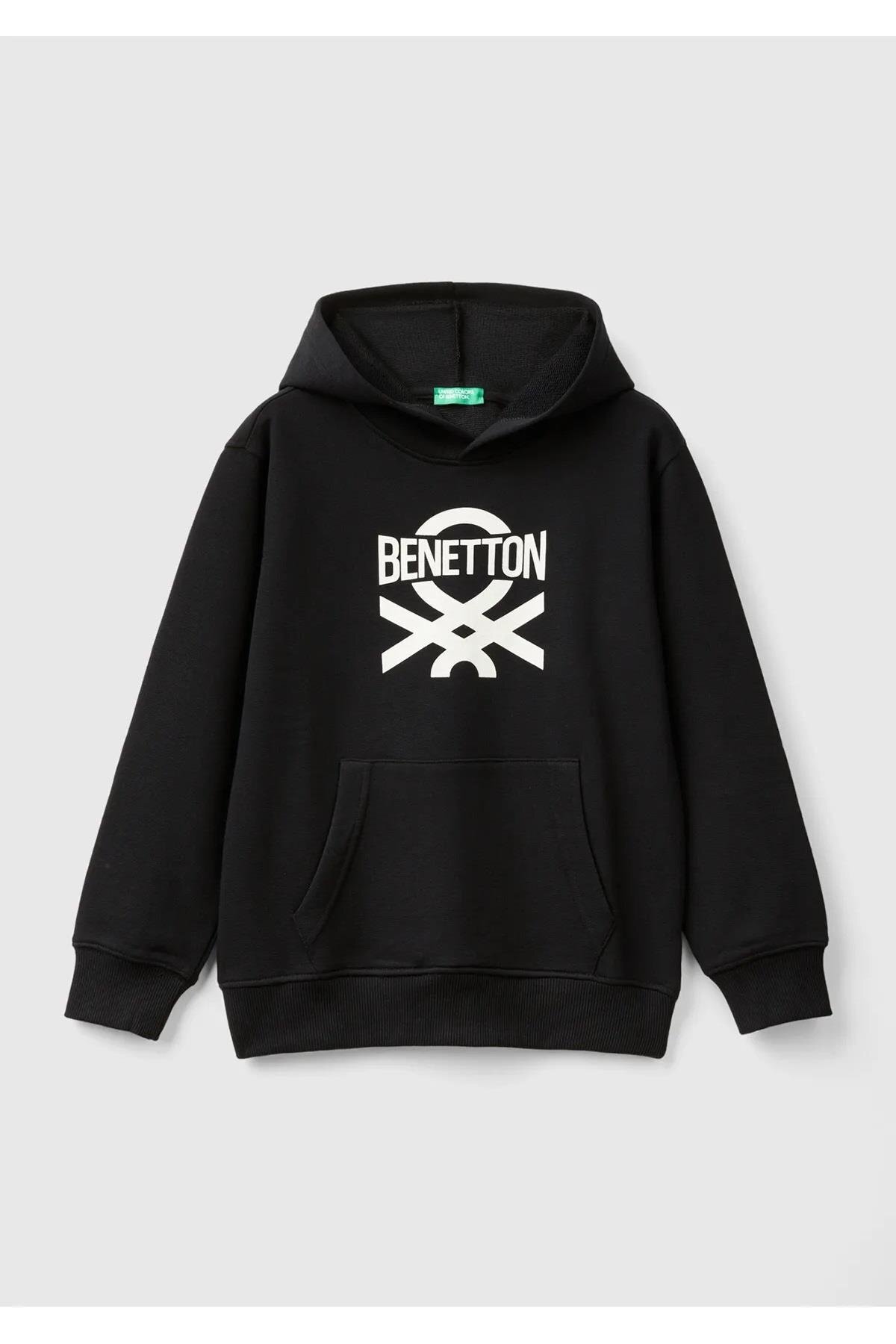 Erkek Çocuk Siyah Önü Logo Baskılı Ribanalı Kapüşonlu Sweatshirt