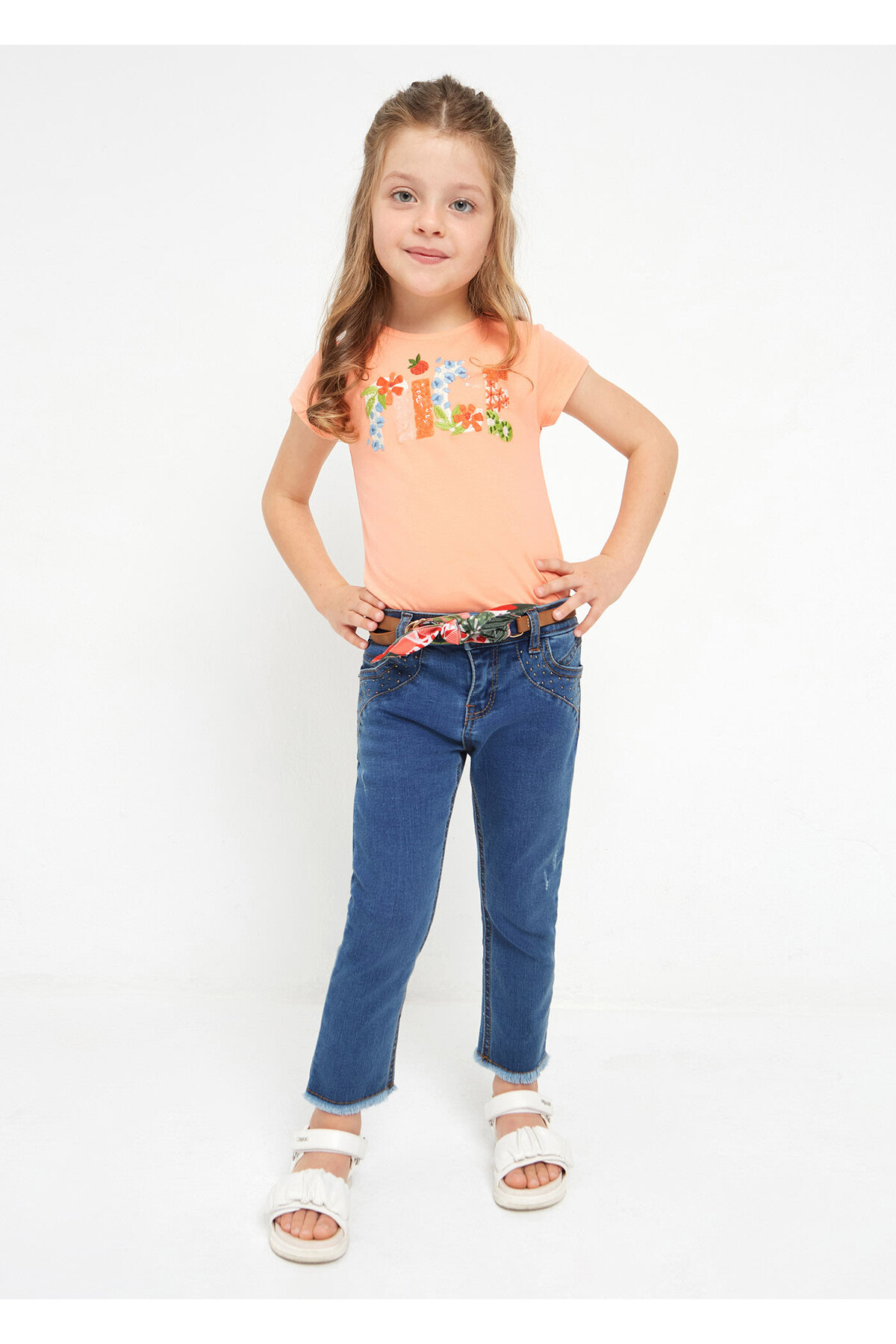 kız çocuk denim kemerli pantolon 3509