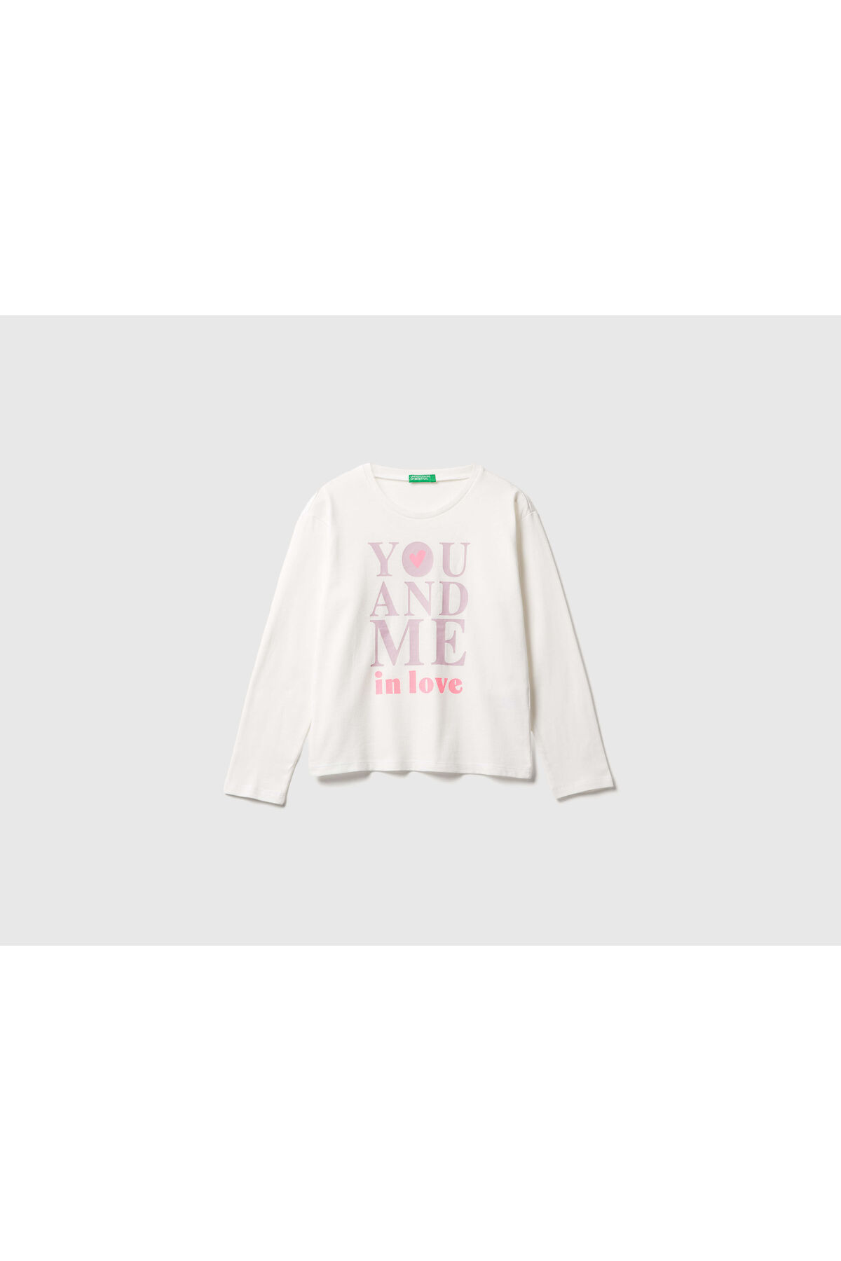 Kız Çocuk Ekru Önü Baskılı Ribana Yakalı Relaxed Fit Uzun Kollu T-shirt