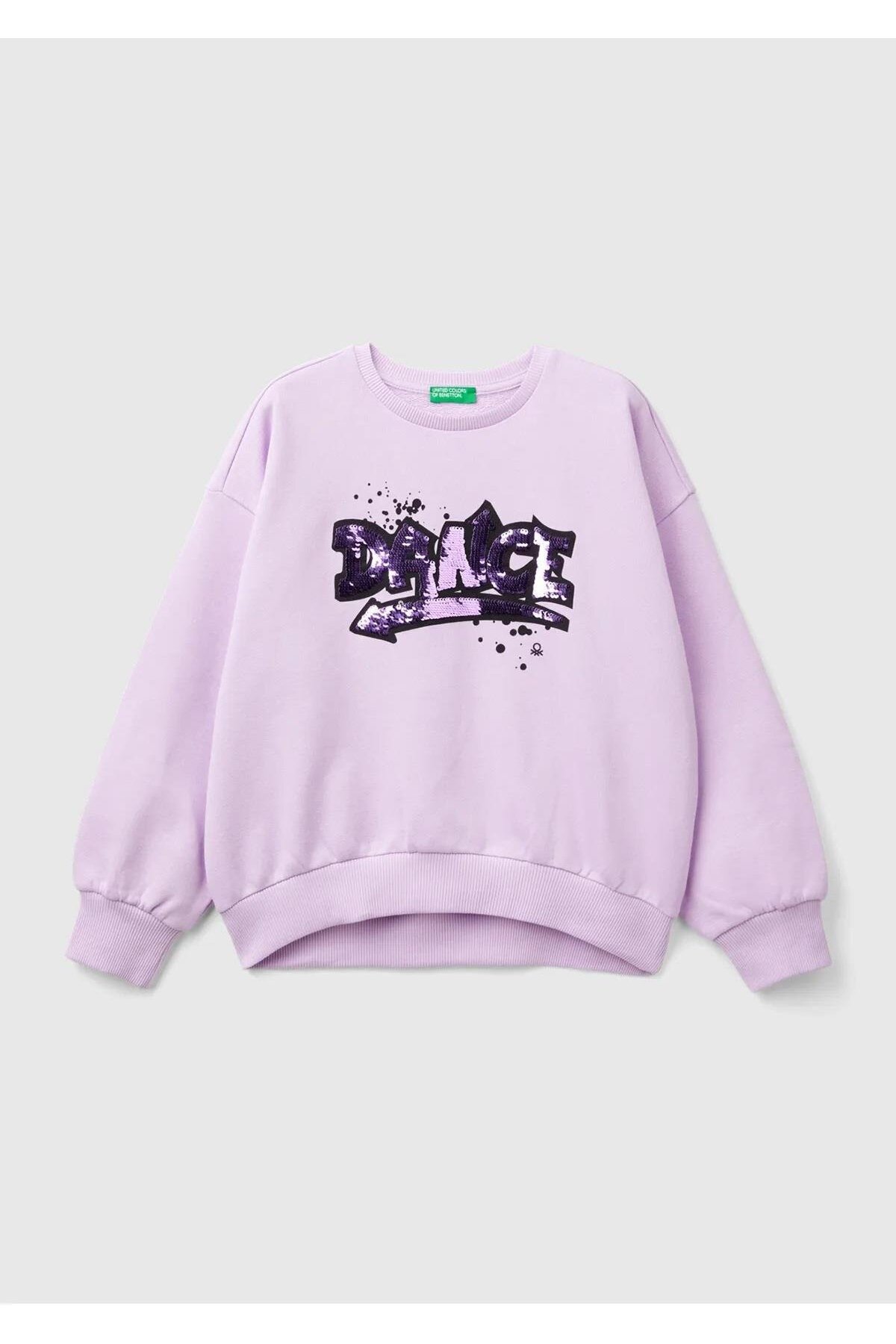 Kız Çocuk Lila Önü Pullu Baskı Detaylı Bisiklet Yaka Sweatshirt