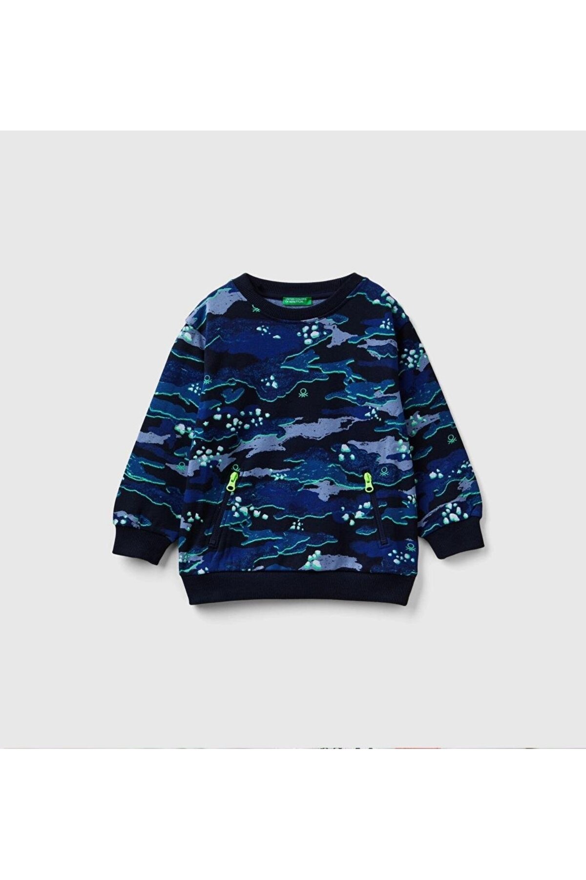 Erkek Çocuk Lacivert Kamuflaj Tamamı Kamuflaj Desenli Fermuarlı Cepli Bisiklet Yaka Sweatshirt