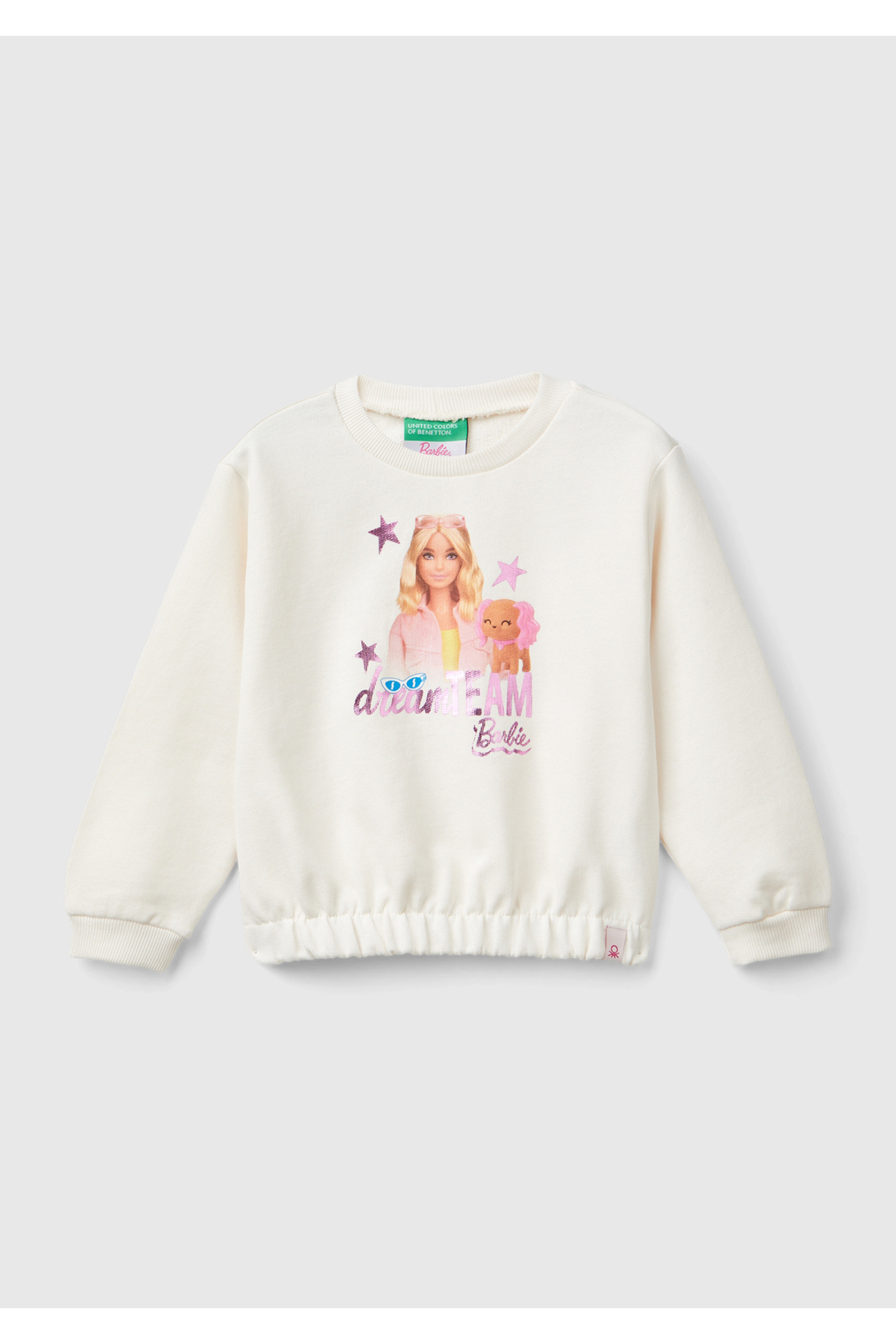 Kız Çocuk Ekru Etek Ucu Logolu Barbie Baskılı Bisiklet Yaka Sweatshirt